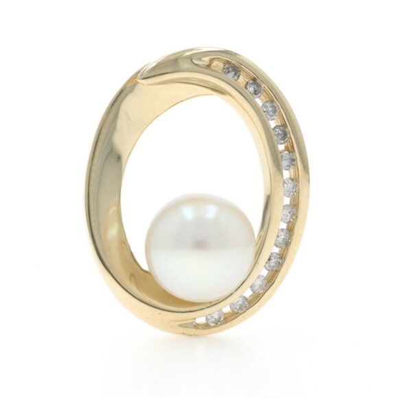 Yellow Gold Cultured Akoya Pearl Diamond Pendant - 14k .10ctw - Picture 1 of 4
